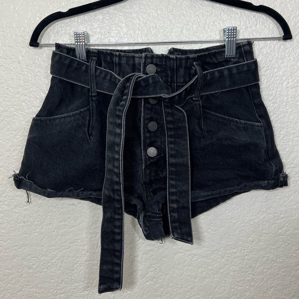 GRLFRND Daphne Black Denim Jean Shorts High Rise Belted Size 25